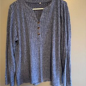 Blue Ribbed Long Sleeve Top with Buttons